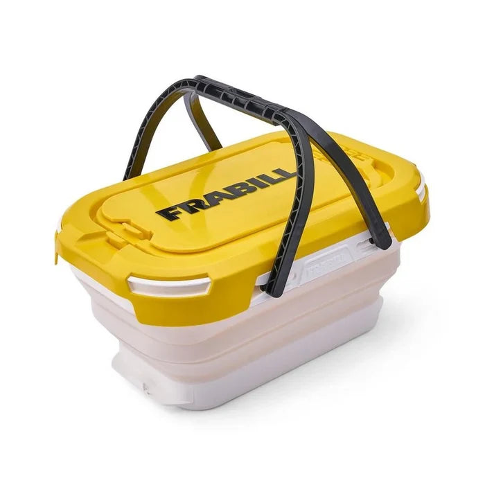 Frabill Collapsible Bait Bucket (w/ Aerator) featuring a yellow lid with black handles, designed for easy transport and aeration of live bait during fishing trips.