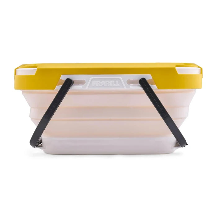 Frabill Collapsible Bait Bucket (w/ Aerator) shown collapsed with a yellow lid, white body, and black flexible handles for easy transport and storage.
