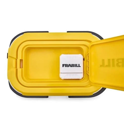 Top view of an open bright yellow Frabill Collapsible Bait Bucket (w/ Aerator) showing its rectangular shape, smooth interior, and integrated white aerator component inside.
