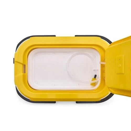 Top view of an open Frabill Collapsible Bait Bucket (w/ Aerator) showing its yellow collapsible design with a clear water reservoir and an aerator tube inside for keeping bait fresh.