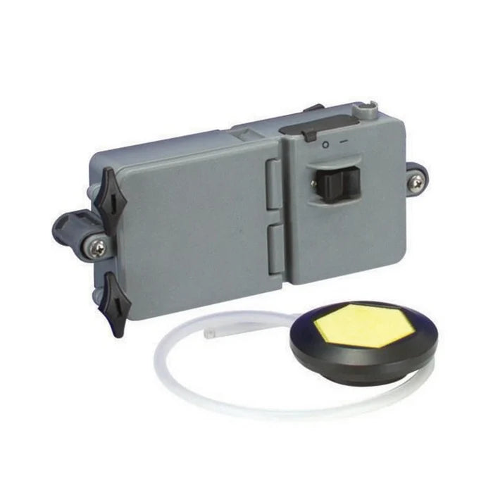 Frabill Cooler Aeration System consisting of a gray control box with mounting brackets and a round aeration diffuser connected by a clear tube, designed to oxygenate live bait in coolers.