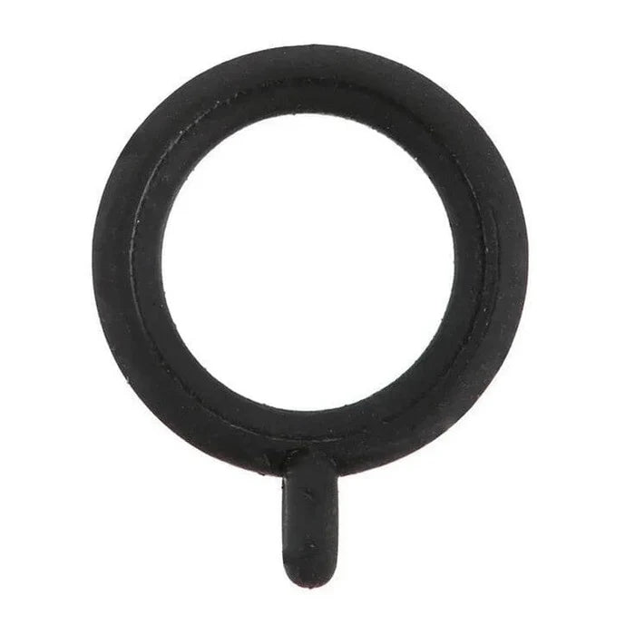 Close-up of a small black rubber ring with an attached tab, designed as a fishing tackle accessory, specifically the Frenzy Perfect Wacky O-Rings for securing fishing lures.