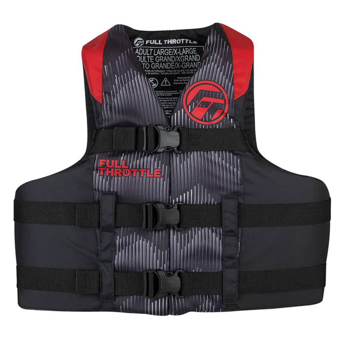 Full Throttle Nylon Life Jackets (Adult) in black and red with adjustable black straps and buckles, designed for secure fit and safety during fishing or boating activities.