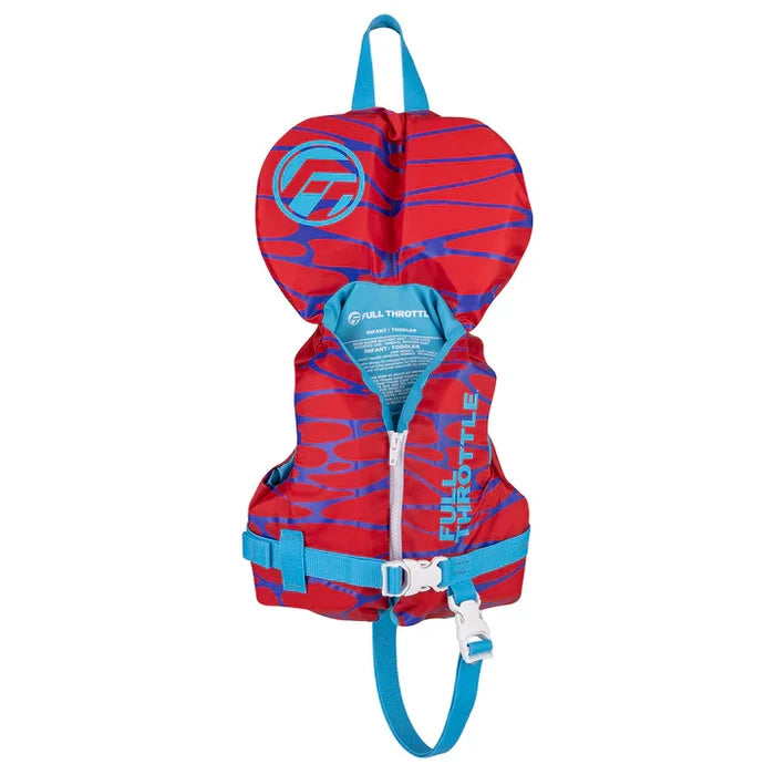 Full Throttle Nylon Life Jackets (Youth) in red with blue accents, featuring adjustable straps, a zipper front, and a headrest for enhanced safety during fishing or boating activities.