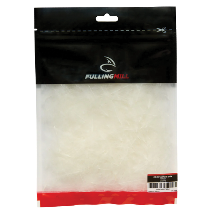 Clear resealable bag of white Fulling Mill CDC Feathers used for fly fishing, featuring soft, fine feathers ideal for tying fishing lures and tackle.
