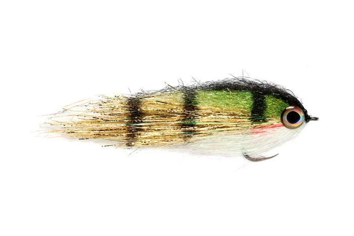 Fulling Mill Clydesdale G fishing lure with green, gold, and black coloration, detailed eyes, and textured body designed to attract fish for freshwater fly fishing.