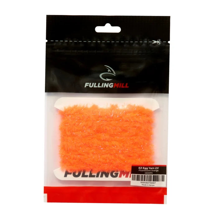 Fulling Mill EZ Egg Yarn UV in bright orange, packaged in a resealable pouch, designed for fly fishing and custom tackle applications.