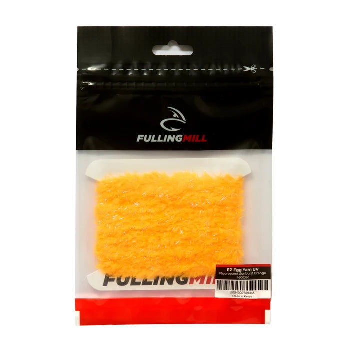 Package of Fulling Mill EZ Egg Yarn UV in fluorescent bright orange, used for fishing tackle and fly tying, displayed in clear and black resealable packaging.