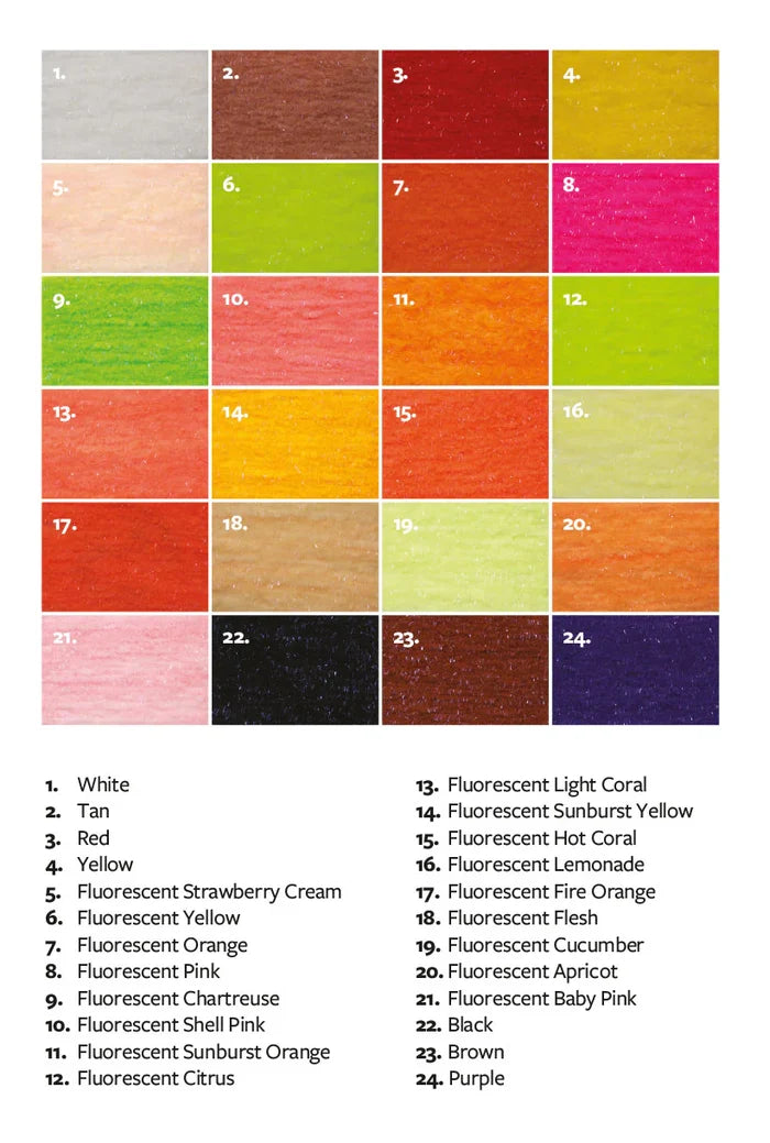 Color swatches showing 24 different shades of Fulling Mill EZ Egg Yarn UV, including fluorescent and standard colors like white, tan, red, yellow, pink, orange, coral, lemon, cucumber, black, brown, and purple, used for fishing tackle and fly tying.