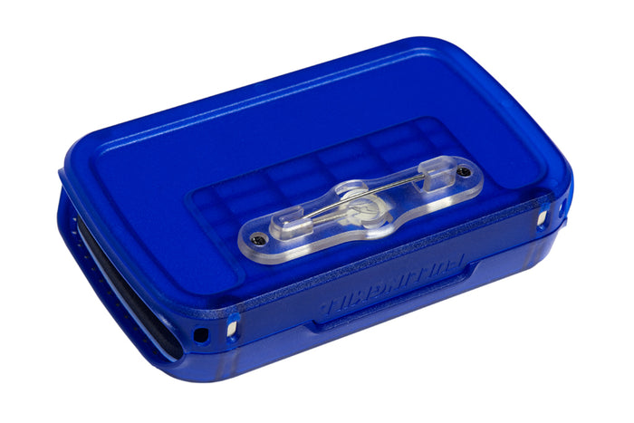 Fulling Mill Fly Patch Box in blue, compact rectangular fishing tackle box with clear latch, designed to securely store and organize fishing flies and lures.