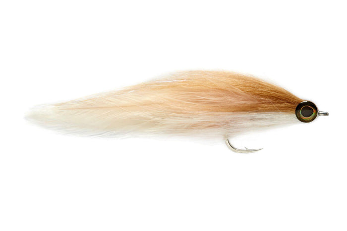 Fulling Mill GT Brushy fishing lure featuring a two-tone design with soft, natural fibers and a single sharp hook, ideal for musky and fly fishing tackle.
