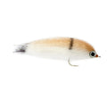 Fulling Mill Gym Sock fishing lure with white, tan, and black fur, realistic eye, and sharp hook designed for musky and ice fishing tackle.