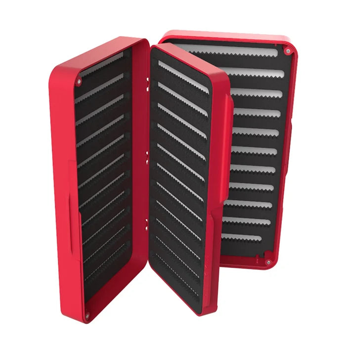 Fulling Mill Tactical Max Box in red with multiple foam-lined compartments designed to securely hold and organize fishing lures and tackle.