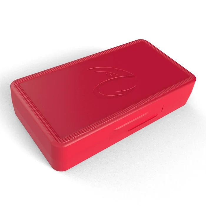 Fulling Mill Tactical Max Box in red, rectangular hard plastic case with textured edges and an embossed logo, designed for organizing fishing tackle.