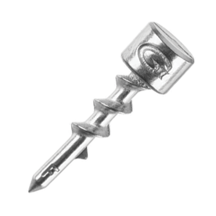 Close-up of a silver fishing tackle piece featuring a cylindrical top with a G engraving and a screw-like shaft, identified as the G-Nius Project Screw Nail Sinker.