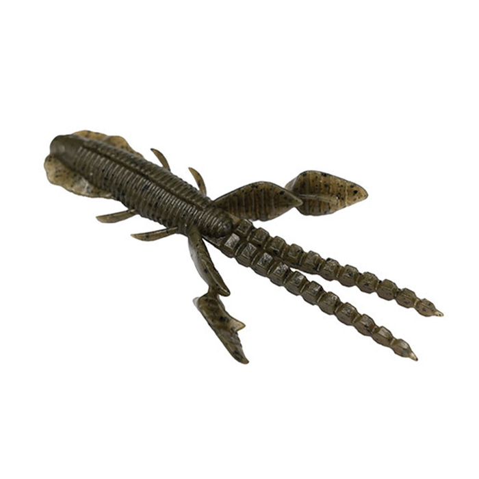 Galápagos Empel Bug 4.2" artificial fishing lure in dark green with segmented body and multiple appendages designed to mimic aquatic prey for effective fishing tackle.