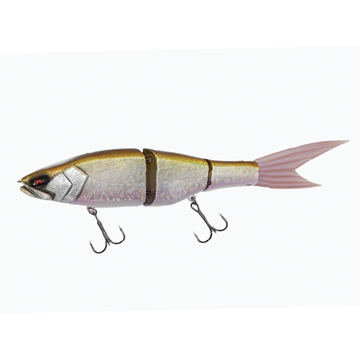 Galápagos Grace 240F fishing lure with segmented body, realistic fish pattern in gold and silver tones, red eyes, and two treble hooks for effective musky fishing.