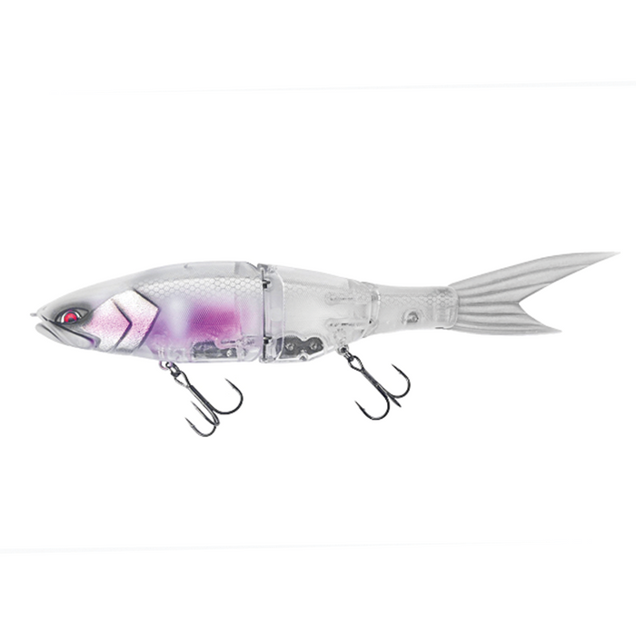Galápagos Grace 240F multi-jointed fishing lure with a translucent body featuring subtle purple accents and two treble hooks, designed for effective fish attraction.