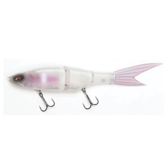 Galápagos Grace 240F multi-jointed fishing lure in translucent white with pink accents and two treble hooks designed for musky fishing tackle.