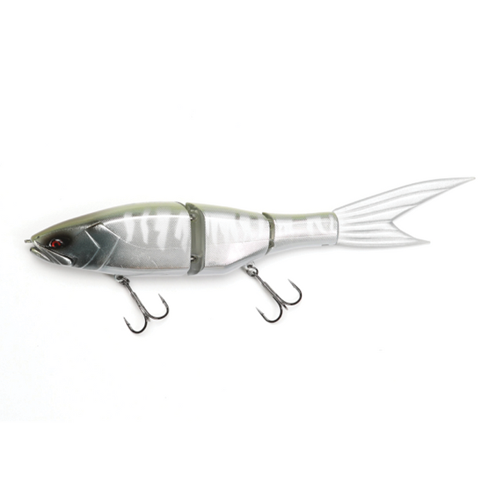 Galápagos Grace 240F fishing lure with segmented body, realistic fish scale pattern, green and silver coloring, and two treble hooks for effective fishing tackle.