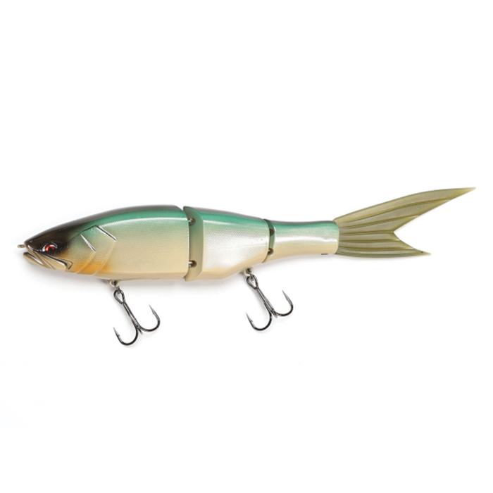 Galápagos Grace 240F multi-jointed fishing lure with green and beige coloring, detailed fish-like design, two treble hooks, and a flexible tail for realistic movement.