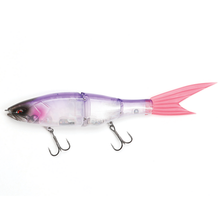 Galápagos Grace 240F fishing lure with segmented, translucent purple body, pink tail, realistic fish head design, and two treble hooks for musky fishing tackle.