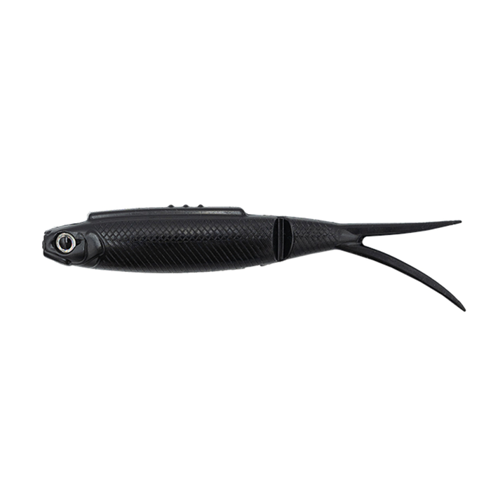 Galápagos Highroll black soft fishing lure with a textured body and forked tail designed for attracting musky and other predatory fish.