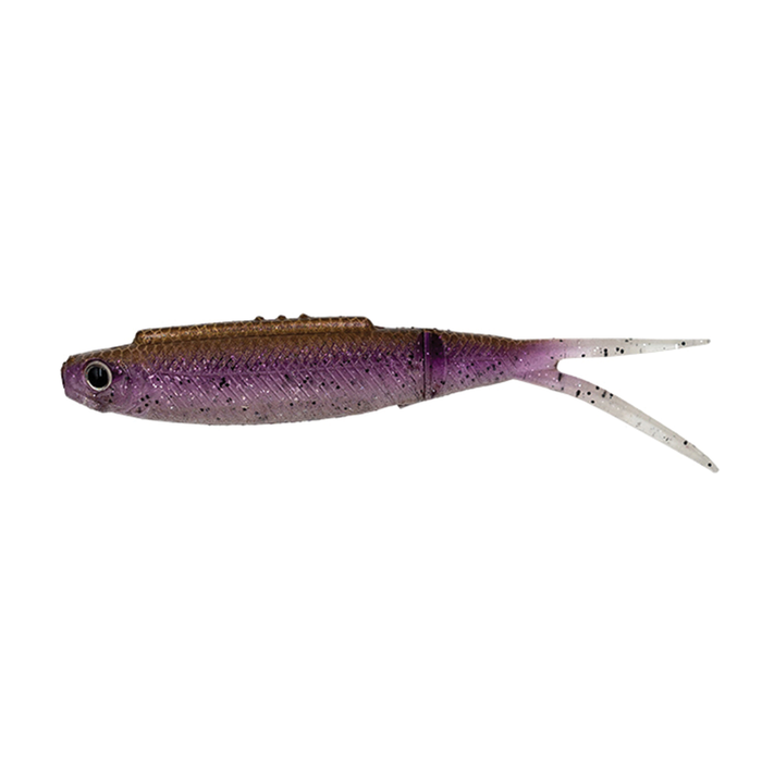 Galápagos Highroll fishing lure in purple and brown with a forked tail, designed for realistic movement in fishing tackle.