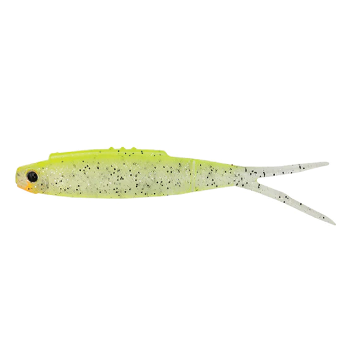Galápagos Highroll soft fishing lure in translucent yellow with black speckles and a forked tail, designed for musky fishing tackle.