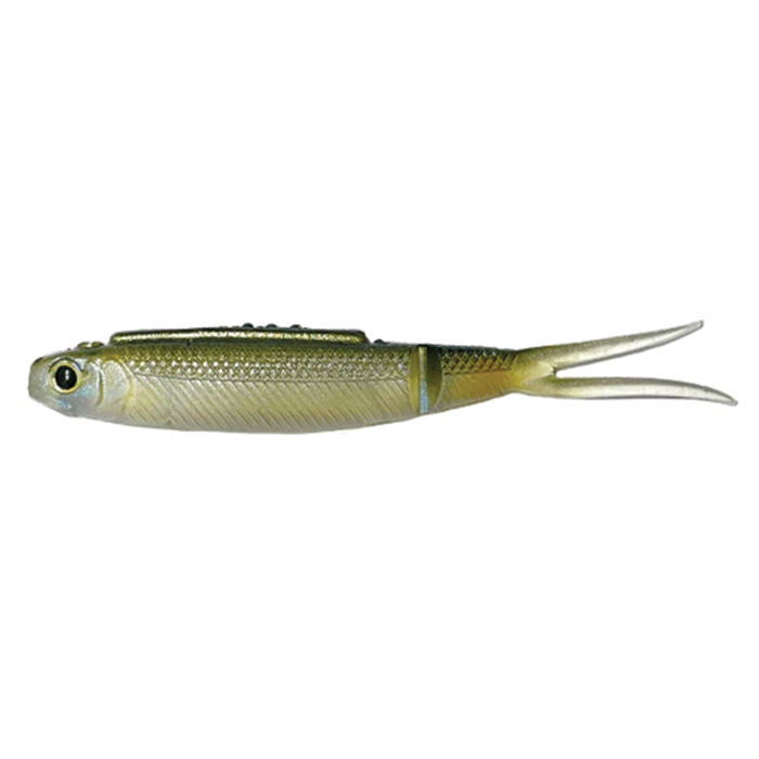 Galápagos Highroll fishing lure designed to mimic a small baitfish with a greenish-gold body and translucent forked tail for realistic movement in water.