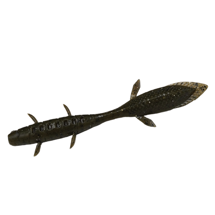 Galápagos Kubire Unagi 4" soft fishing lure in dark green with fins and textured body, designed for musky fishing tackle and effective water movement.