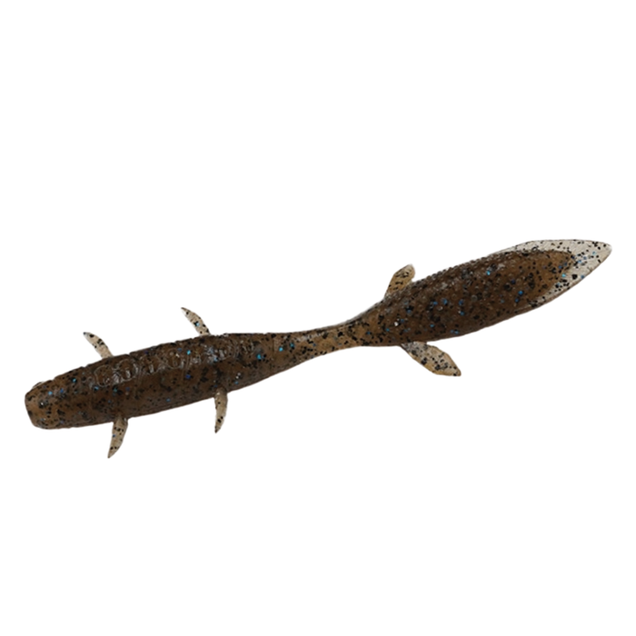 Galápagos Kubire Unagi 4" soft fishing lure in brown with blue and black speckles, featuring multiple fins and a tapered tail for realistic movement in water.