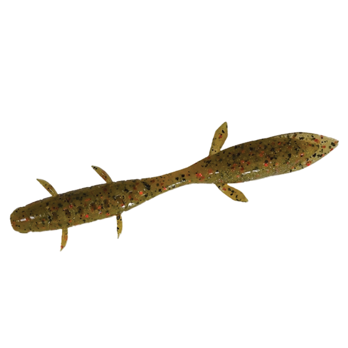 Galápagos Kubire Unagi 4" soft fishing lure in olive green with black and red speckles, designed to mimic a small aquatic creature for effective fishing tackle use.
