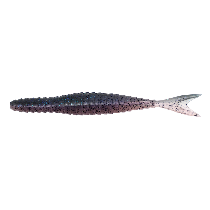 Galápagos Zegra Shad 5.8" fishing lure in a ribbed, soft plastic design with a paddle tail, featuring a gradient color from dark purple to translucent with black and blue speckles.