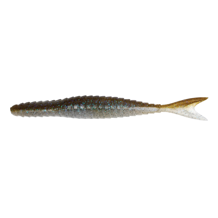 Galápagos Zegra Shad 5.8" soft plastic fishing lure in natural shad colors with a ribbed body and paddle tail for lifelike movement in the water.