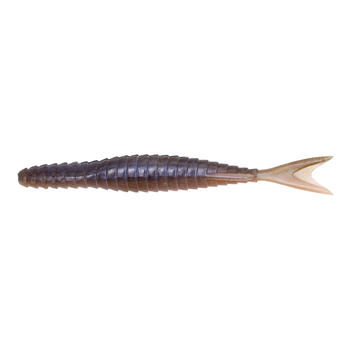 Galápagos Zegra Shad 5.8" fishing lure with a segmented dark brown body and a forked tail, designed for musky and other freshwater fishing.