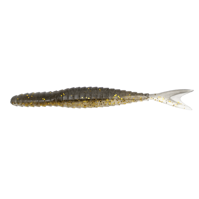 Galápagos Zegra Shad 5.8" fishing lure in segmented gray and translucent body with gold flecks and a forked tail, designed for effective fishing tackle use.