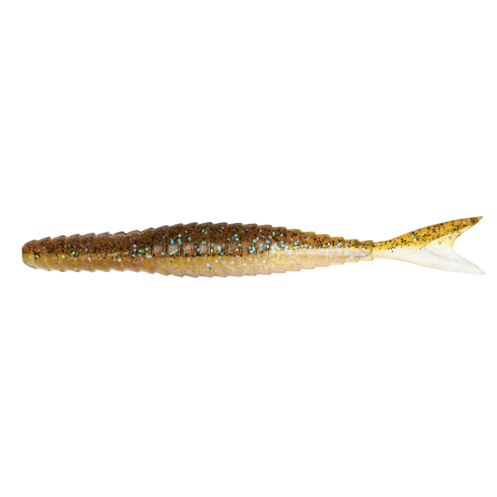 Galápagos Zegra Shad 5.8" soft plastic fishing lure in brown and yellow with glitter accents and a forked tail designed for lifelike movement in water.