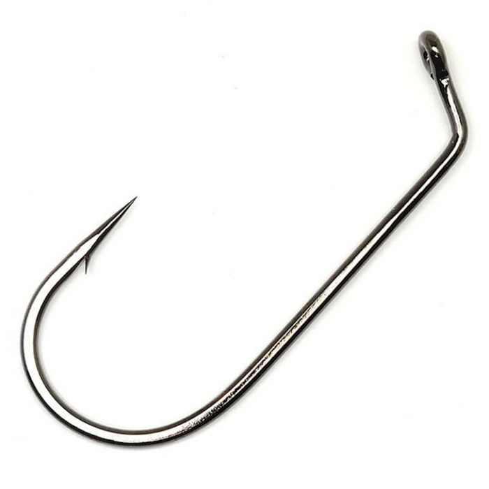 Gamakatsu 60 Degree Flat Eye Round Bend Jig Hook made of polished metal with a sharp, barbed point and flat eye for secure fishing tackle connections.