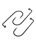 Two black heavy wire fishing hooks with sharp points and eyelets, designed in a 90 degree jig style, known as Gamakatsu 90 Degree Jig Hook, used for fishing tackle.