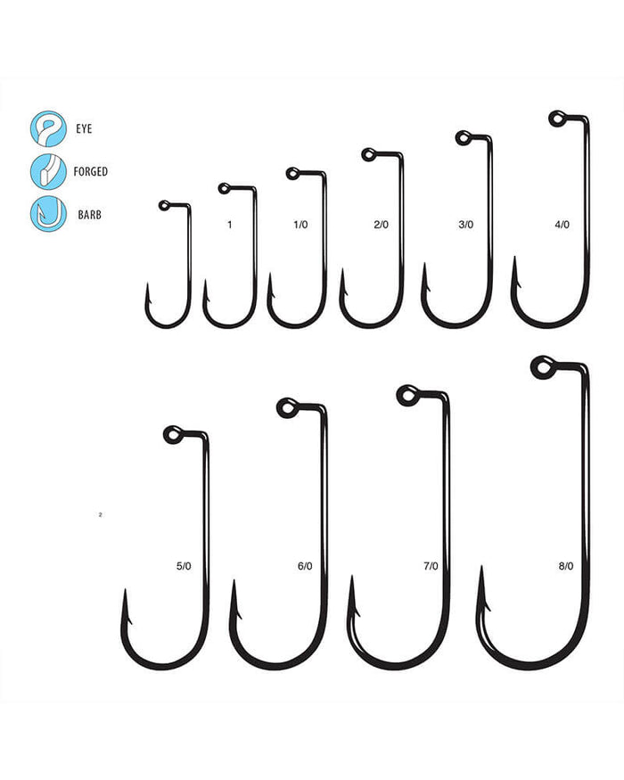 Gamakatsu 90 Degree Jig Hook set showing various sizes of black forged hooks with barbs and eyes, designed for precision fishing tackle use.