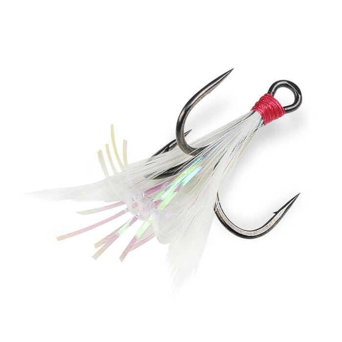 Close-up of a Gamakatsu G-Finesse Feathered MH Treble Hooks fishing lure featuring three sharp, black metal hooks adorned with white feather and iridescent synthetic strands secured by red thread.