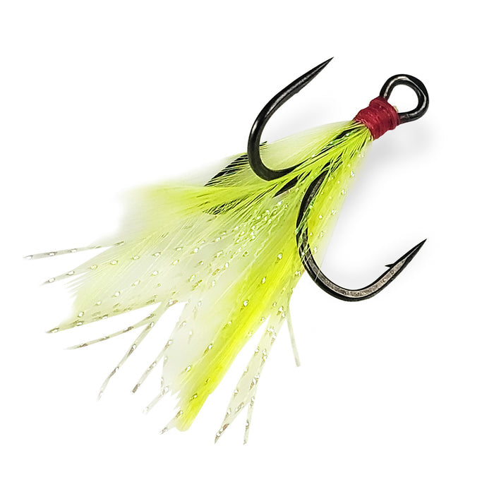 Gamakatsu G-Finesse Feathered MH Treble Hooks featuring three sharp black hooks with bright yellow and white feathered accents designed for enhanced fishing tackle performance.