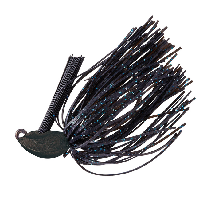 Gamakatsu King Cobra Jig fishing lure with a black weighted head, flexible silicone skirt strands with blue flecks, designed for musky and freshwater fishing tackle.