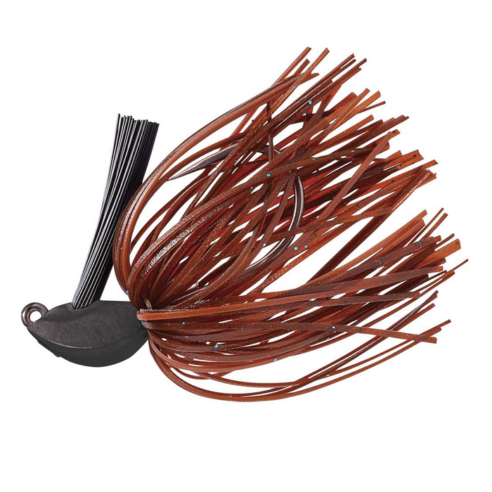 Gamakatsu King Cobra Jig featuring a weighted head and flexible brown rubber skirt strands, designed for musky fishing tackle and effective lure action in freshwater.