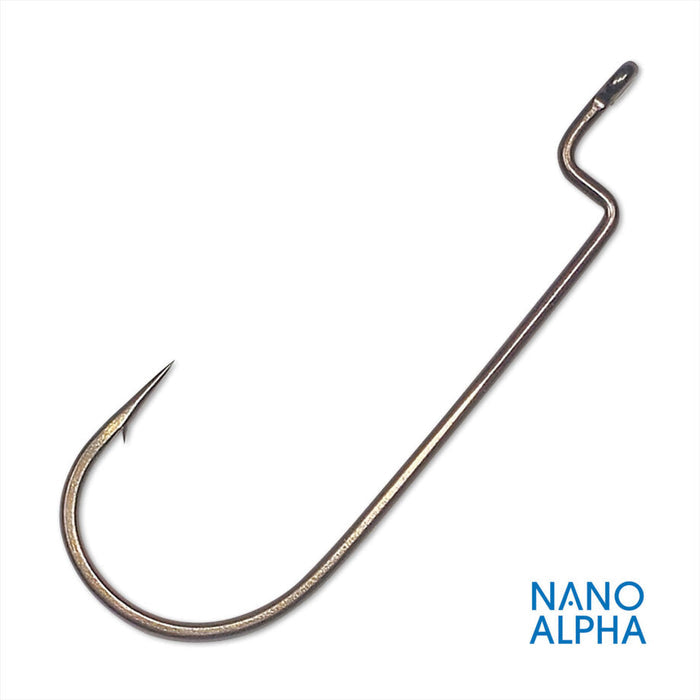 Close-up view of a Gamakatsu Offset Round Bend Worm Hook (NanoAlpha) featuring a sharp, curved point and offset eye designed for effective fishing tackle use.