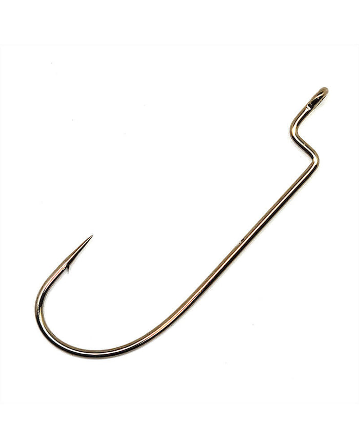 Single metal fishing hook with offset bend and sharp point, designed for effective bait presentation, shown on a plain white background, Gamakatsu Offset Worm Hook (NanoAlpha).