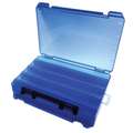 Gamakatsu Reversible Utility Case in translucent blue plastic, featuring multiple compartments for organizing fishing tackle and gear, with a secure latch closure.