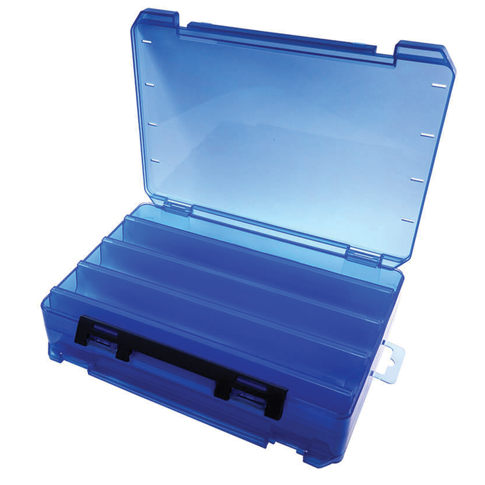 Gamakatsu Reversible Utility Case in translucent blue plastic, featuring multiple compartments for organizing fishing tackle and gear, with a secure latch closure.