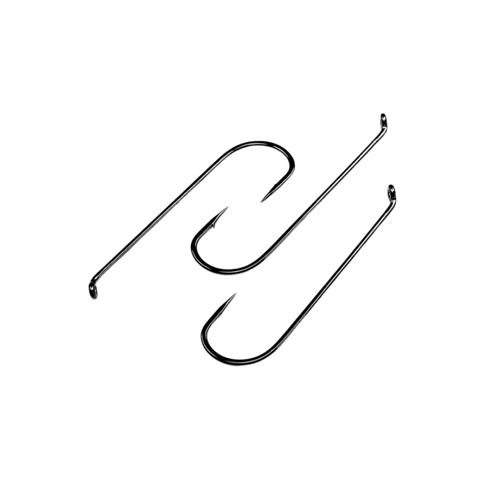 Three black metal fishing hooks of varying sizes with sharp points and eyelets, identified as Gamakatsu S11-4L2H Hooks, designed for durable fishing tackle use.